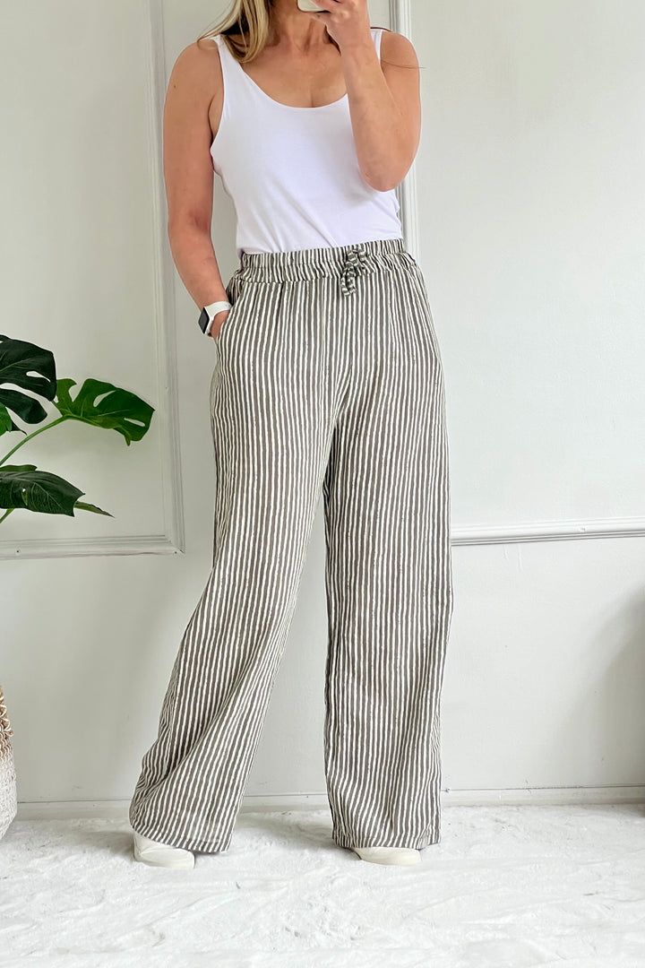 Stevie Wide Leg Stripe Cotton Trousers | Mocha