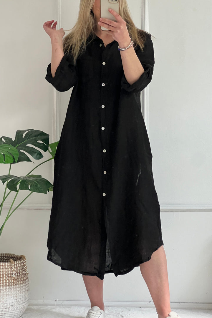 Devon Linen Shirt Dress | Black