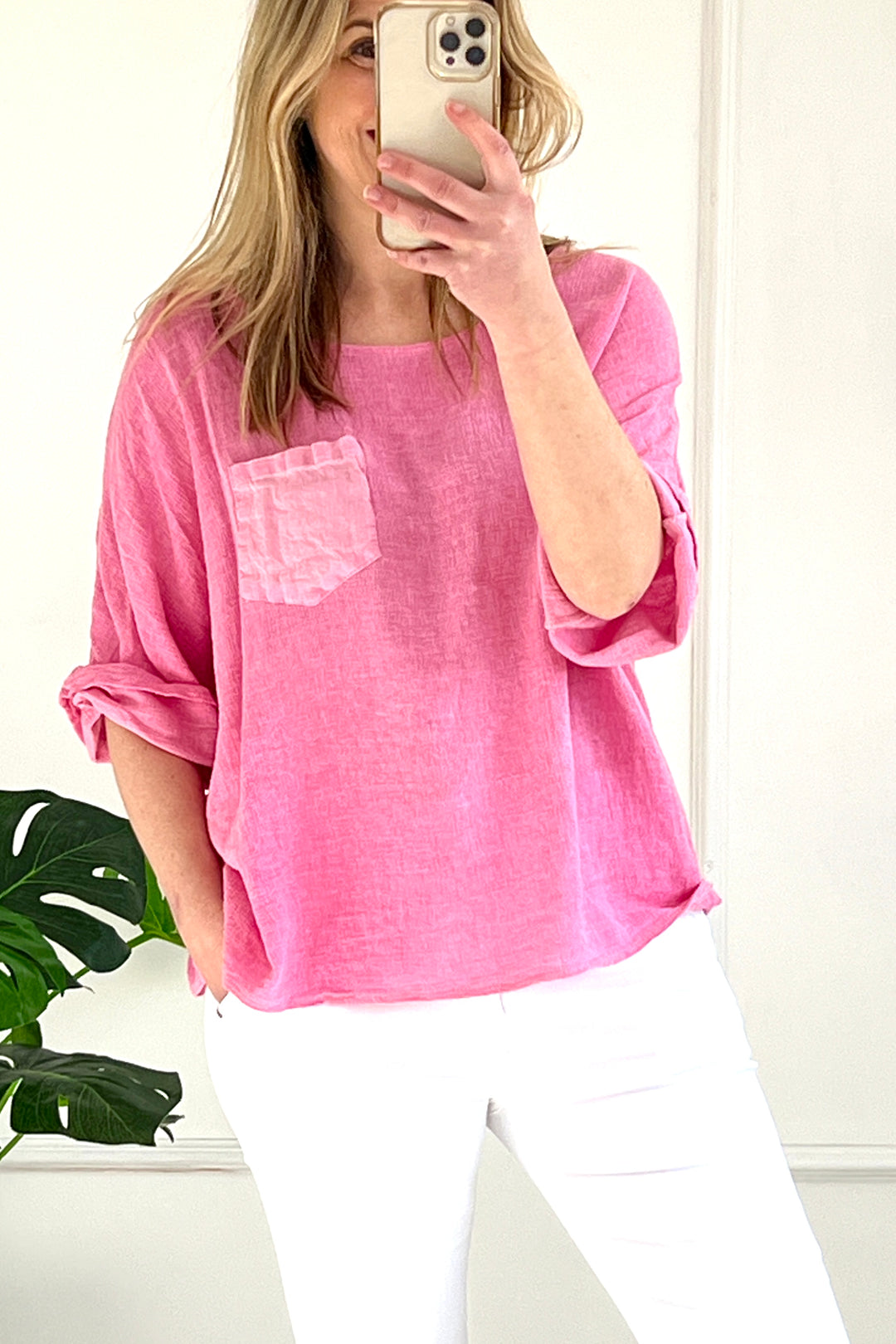Jacenta Washed Linen Top | Candy Pink