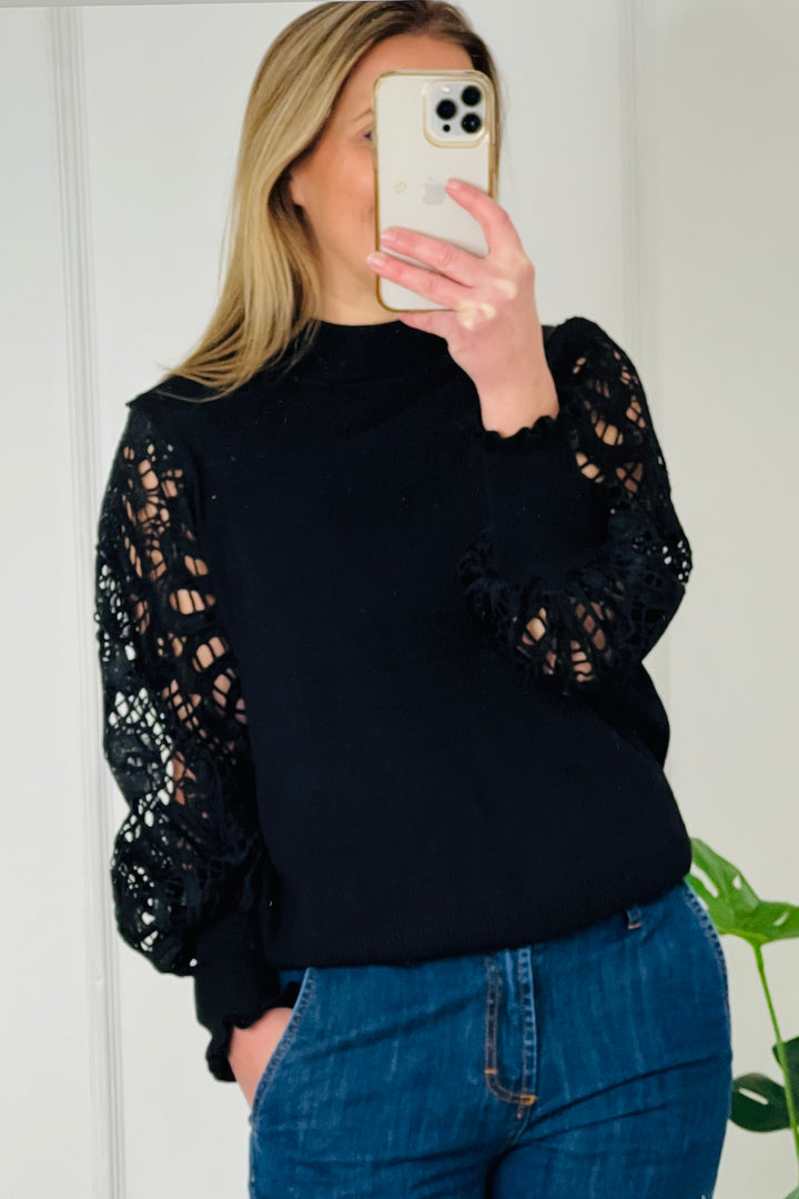 Margot Crochet Sleeve Jumper | Black