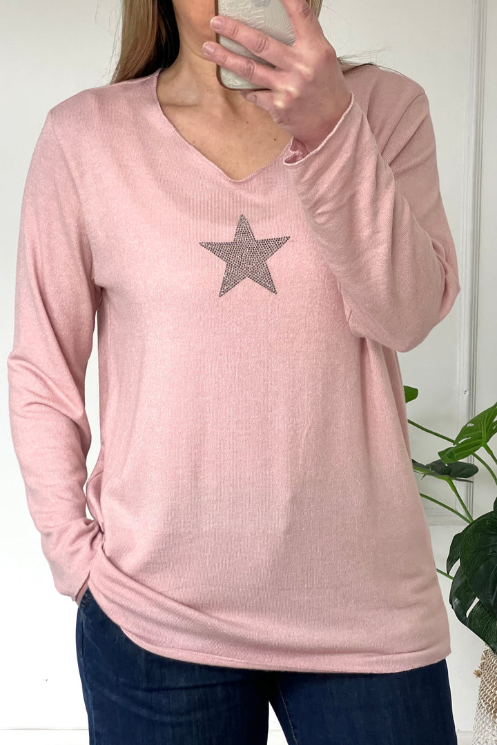Estelle Star Soft Knit V Neck Jumper | Dusky Pink