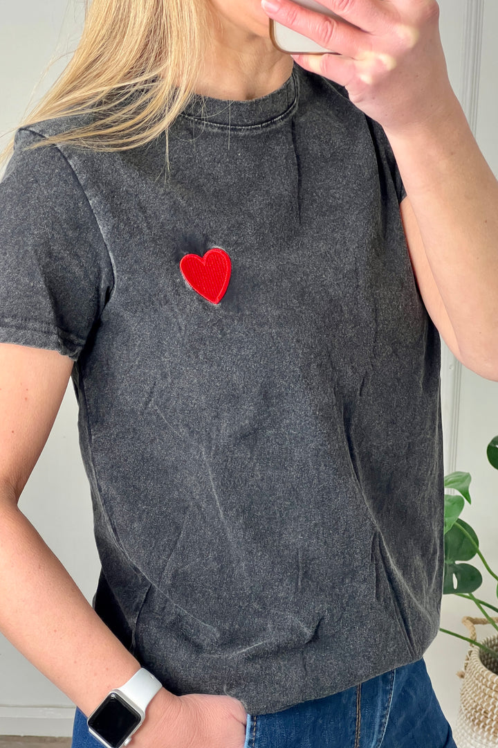 Mia Embroidered Heart T Shirt | Washed Black