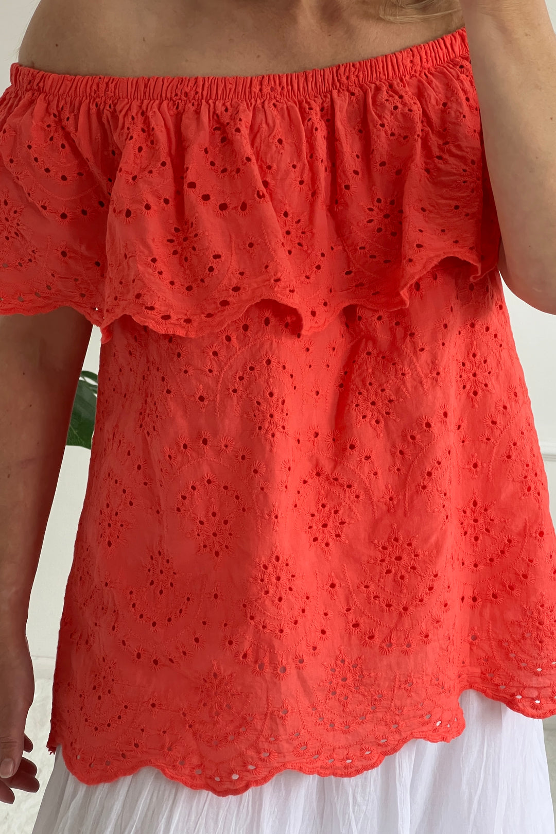 Selena Cotton Embroidery Anglaise Top | Coral