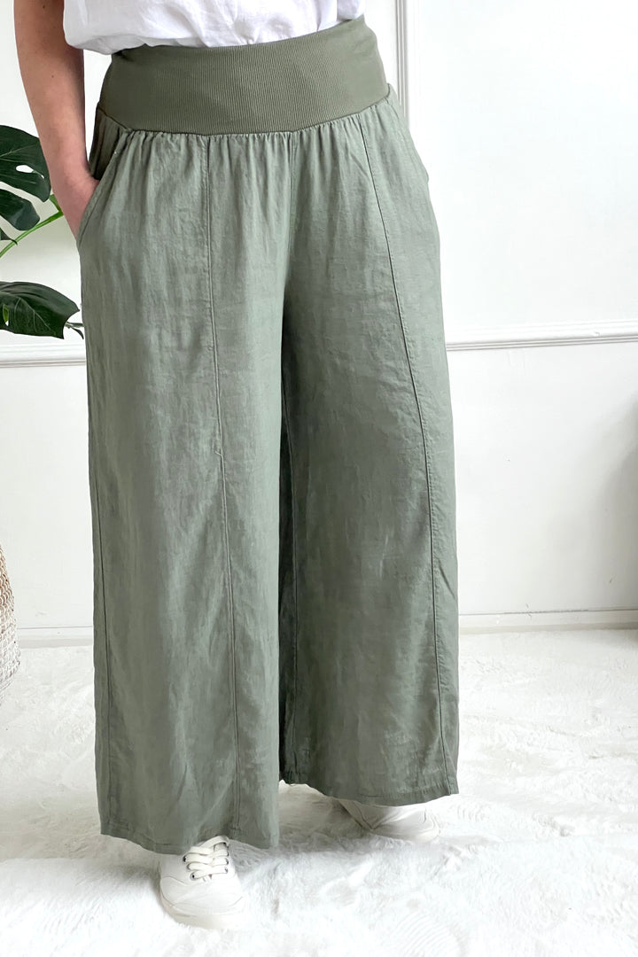 Billie Wide Leg Linen Trousers | Khaki