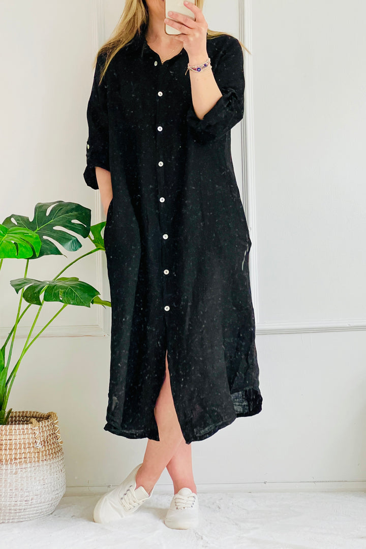 Devon Linen Shirt Dress | Black