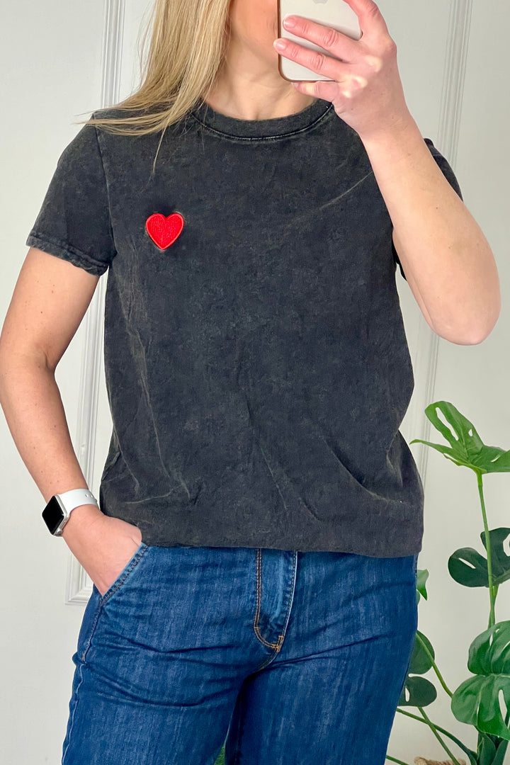 Mia Embroidered Heart T Shirt | Washed Black