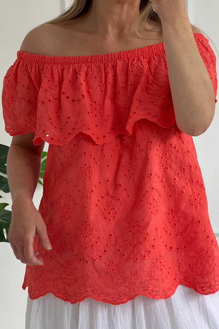 Selena Cotton Embroidery Anglaise Top | Coral