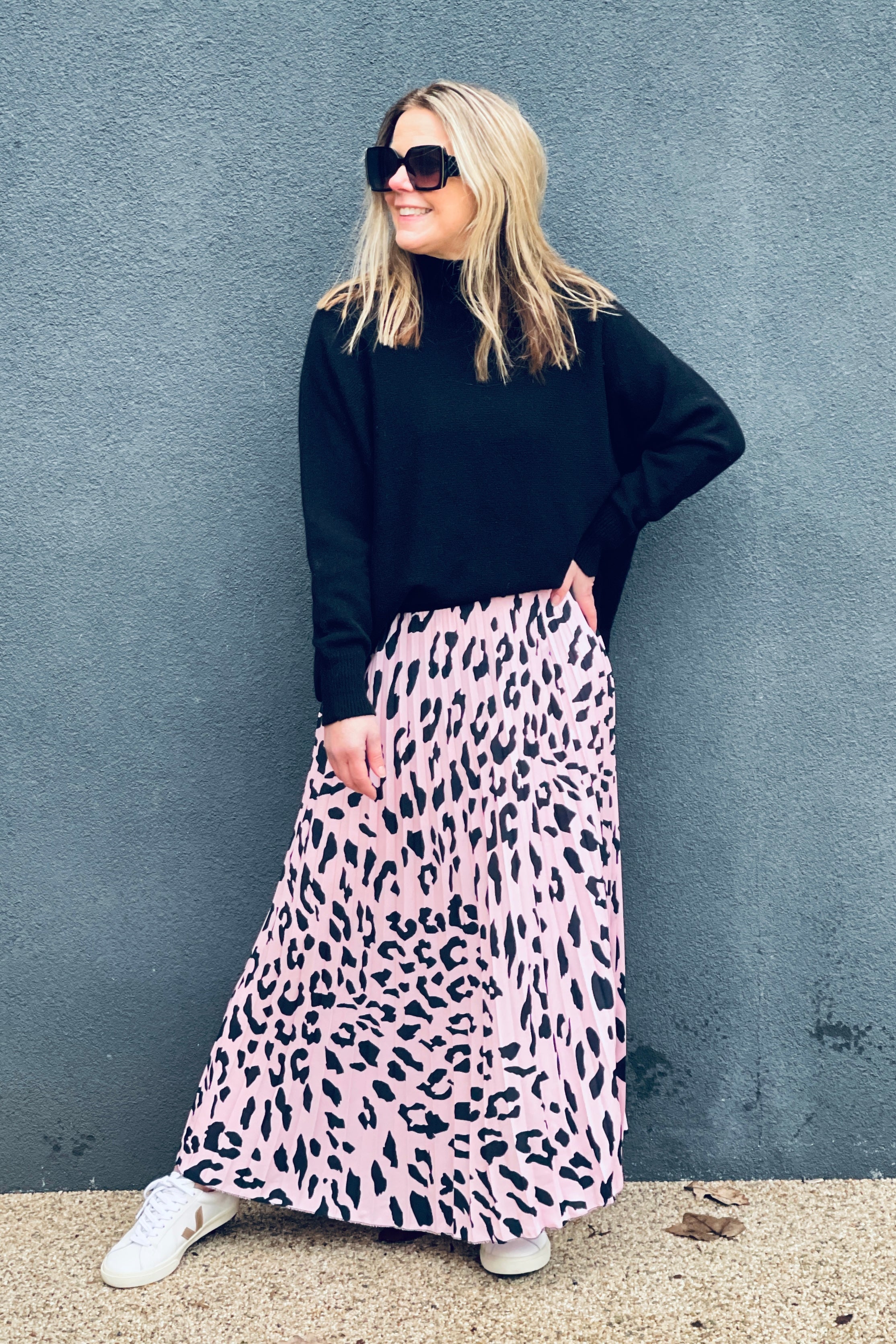 Anya Pleated Leopard Maxi Skirt Pink