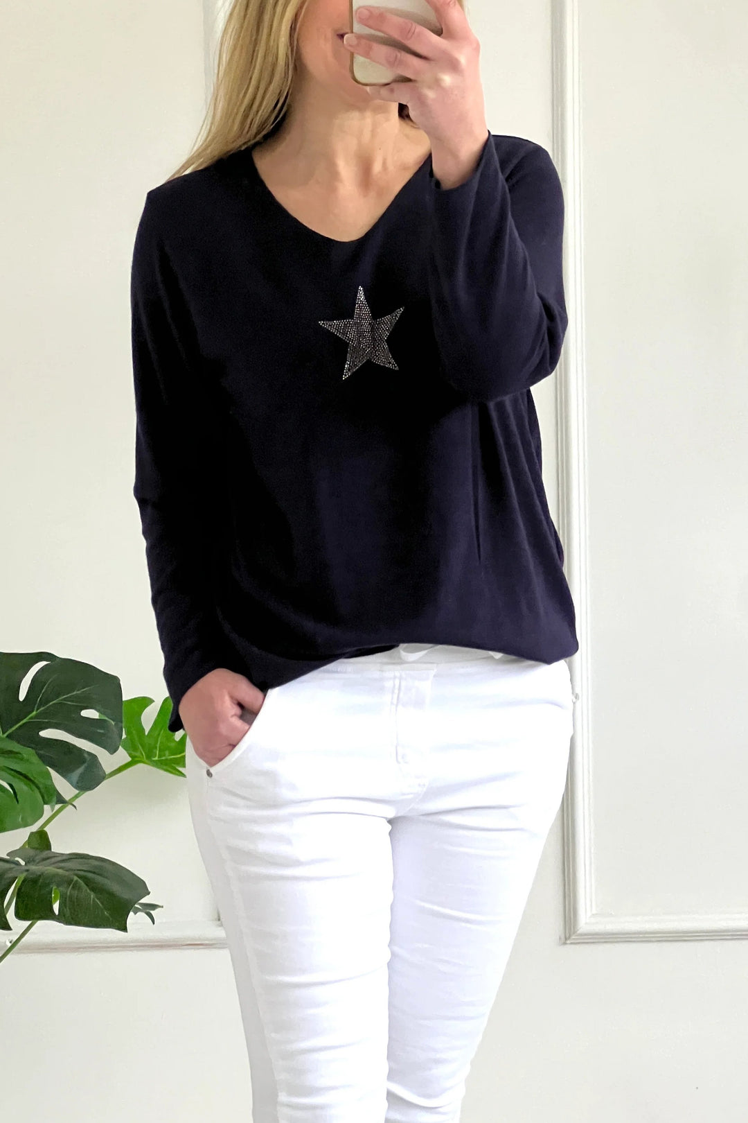 Estelle Star Soft Knit V Neck Jumper | Navy