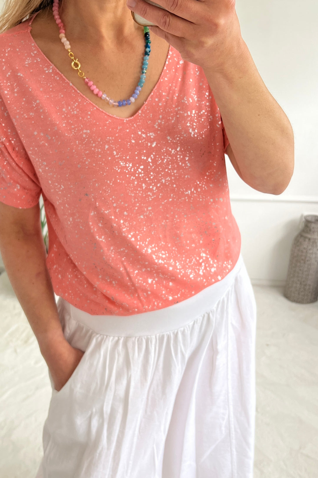 Shimmer Soft Knit Top | Coral