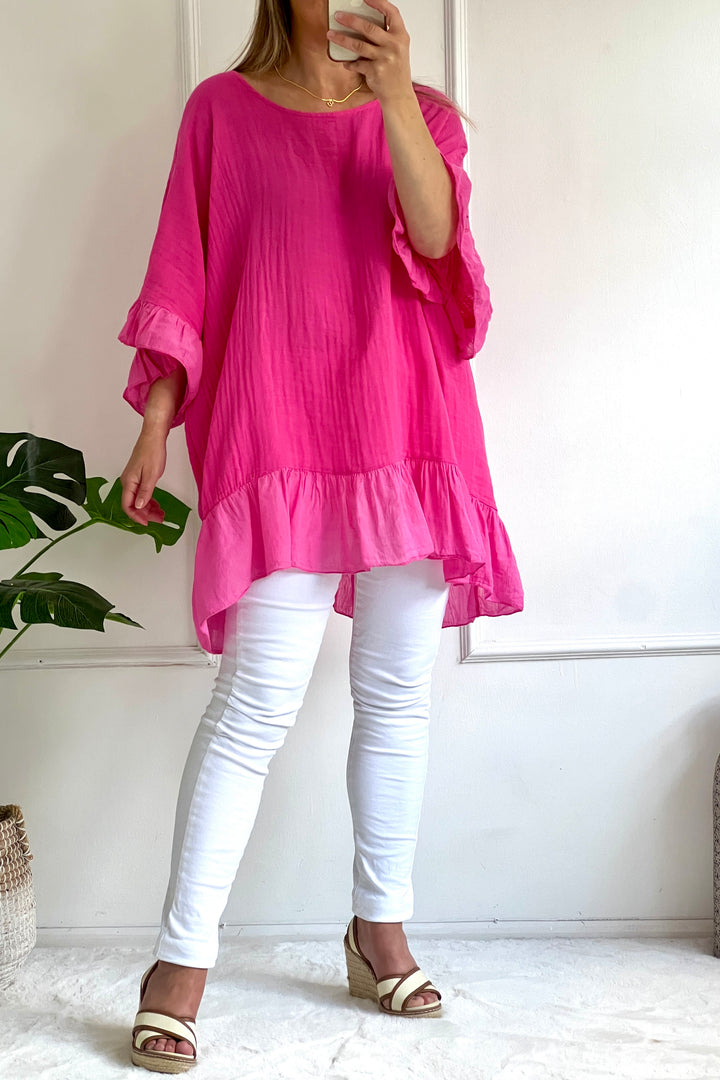 Flora Frill Cotton Top - Hot Pink