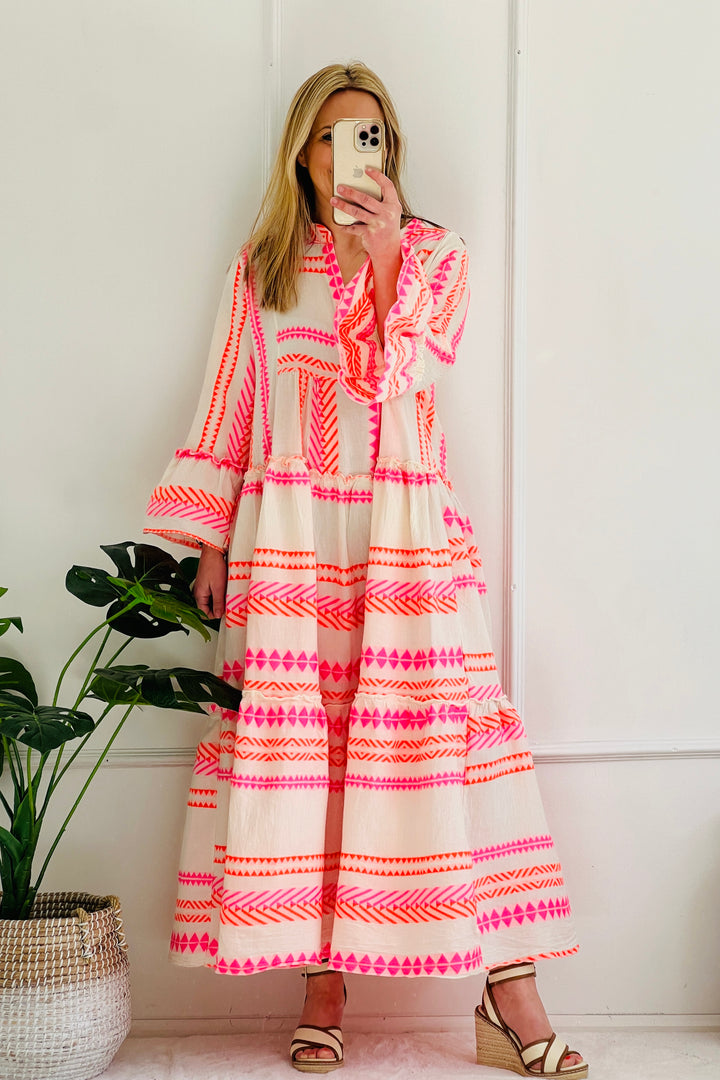 Demi Boho Maxi Dress | Fluro Pink x Orange