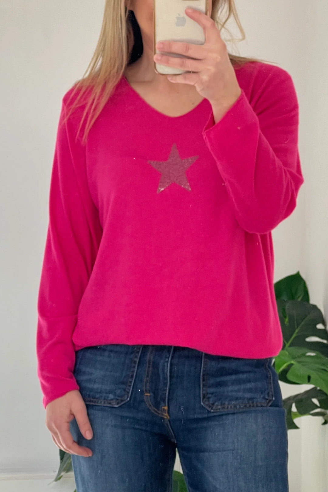 Estelle Star Soft Knit V Neck Jumper | Hot Pink