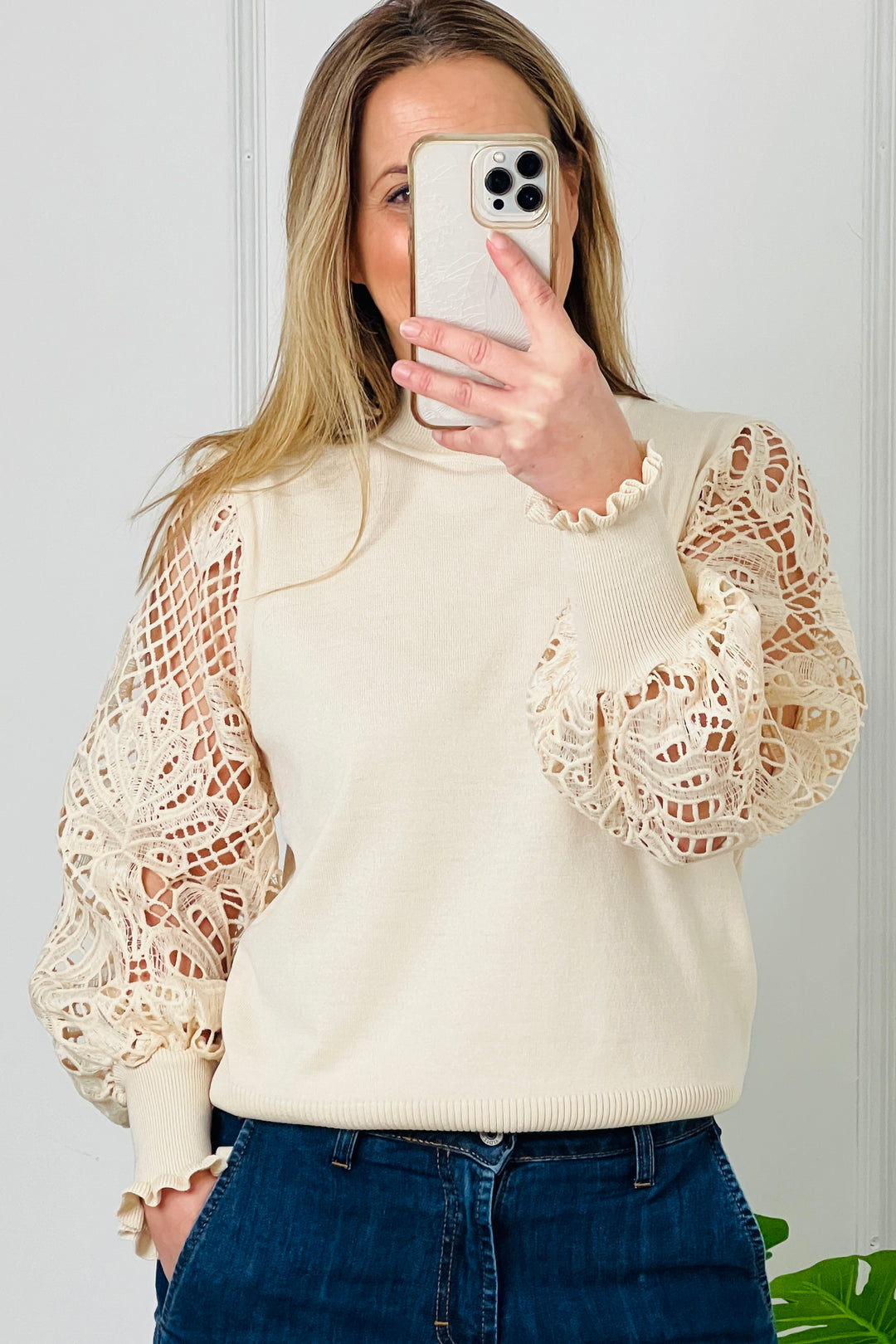 Margot Crochet Sleeve Jumper | Clotted Cream