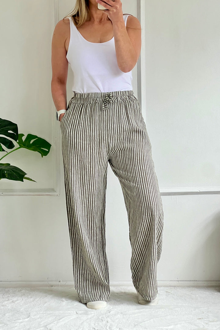 Stevie Wide Leg Stripe Cotton Trousers | Mocha