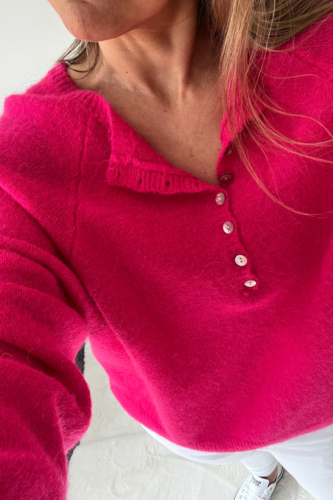 Lea Button Crew Knit Jumper | Hot Pink