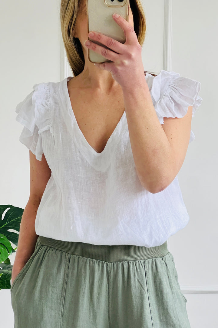 Francesca Linen Top Blouse | White