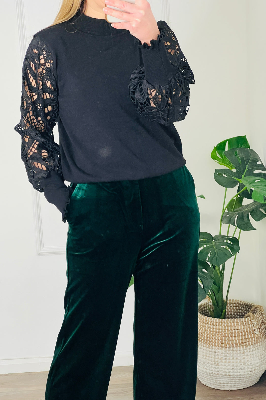 Margot Crochet Sleeve Jumper | Black