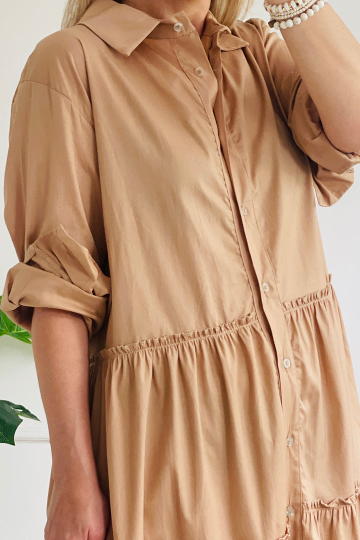 Rachel Tiered Shirt Dress | Apricot