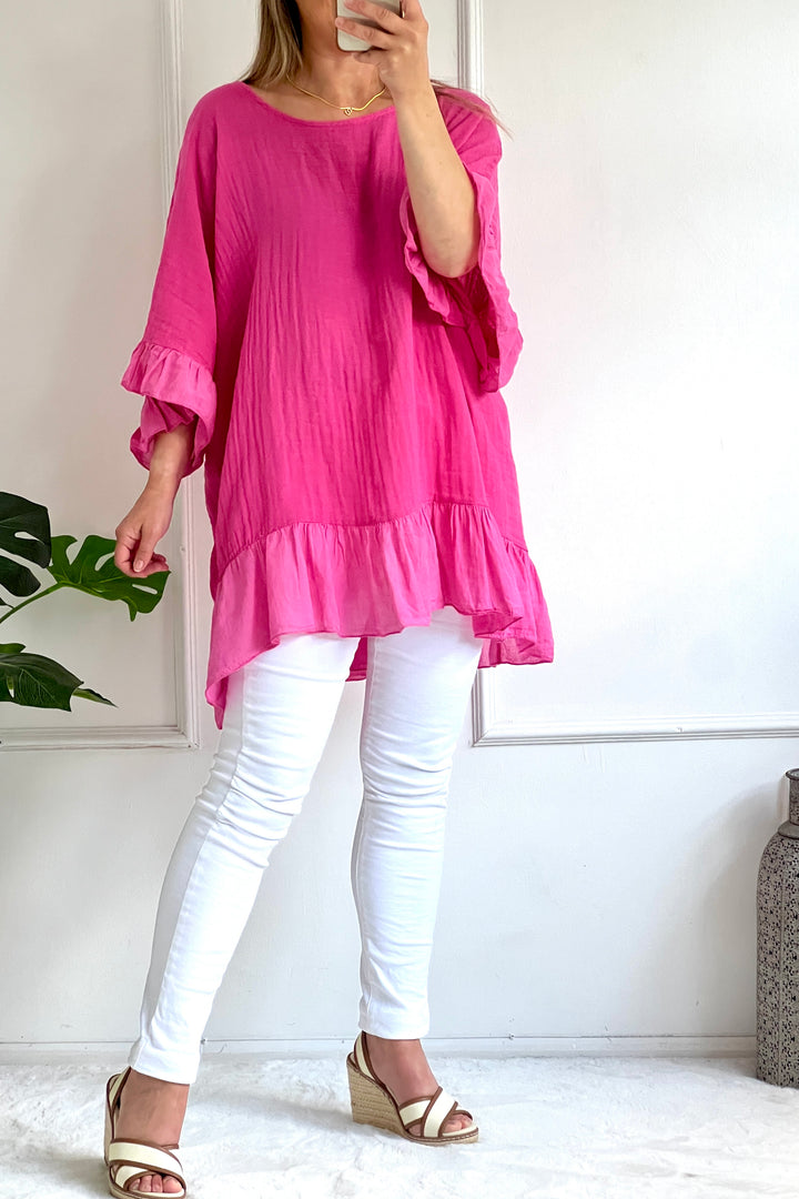 Flora Frill Cotton Top - Hot Pink