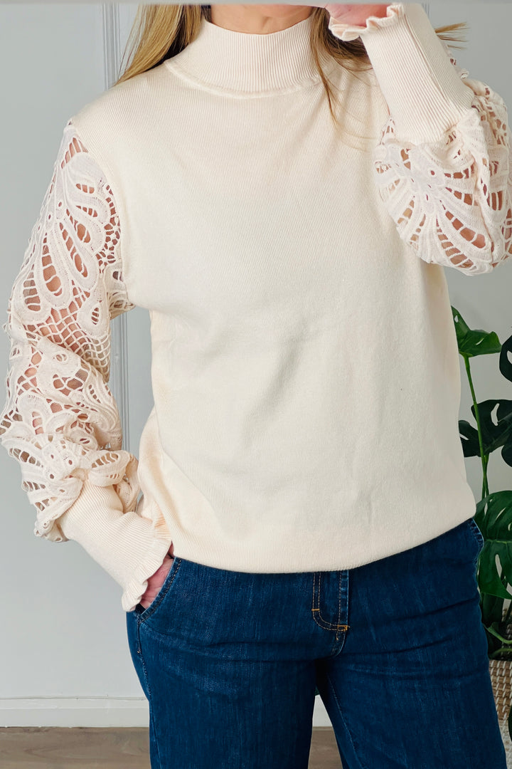 Caroline Crochet Sleeve Jumper | Cream