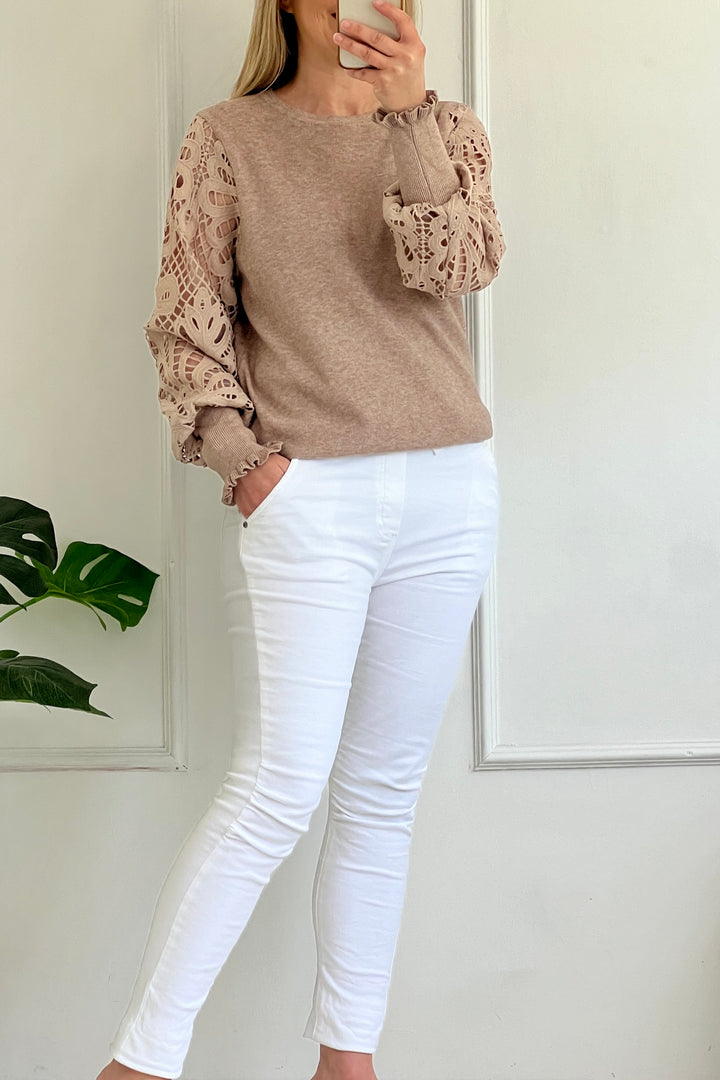 Molly Crochet Sleeve Jumper | Taupe