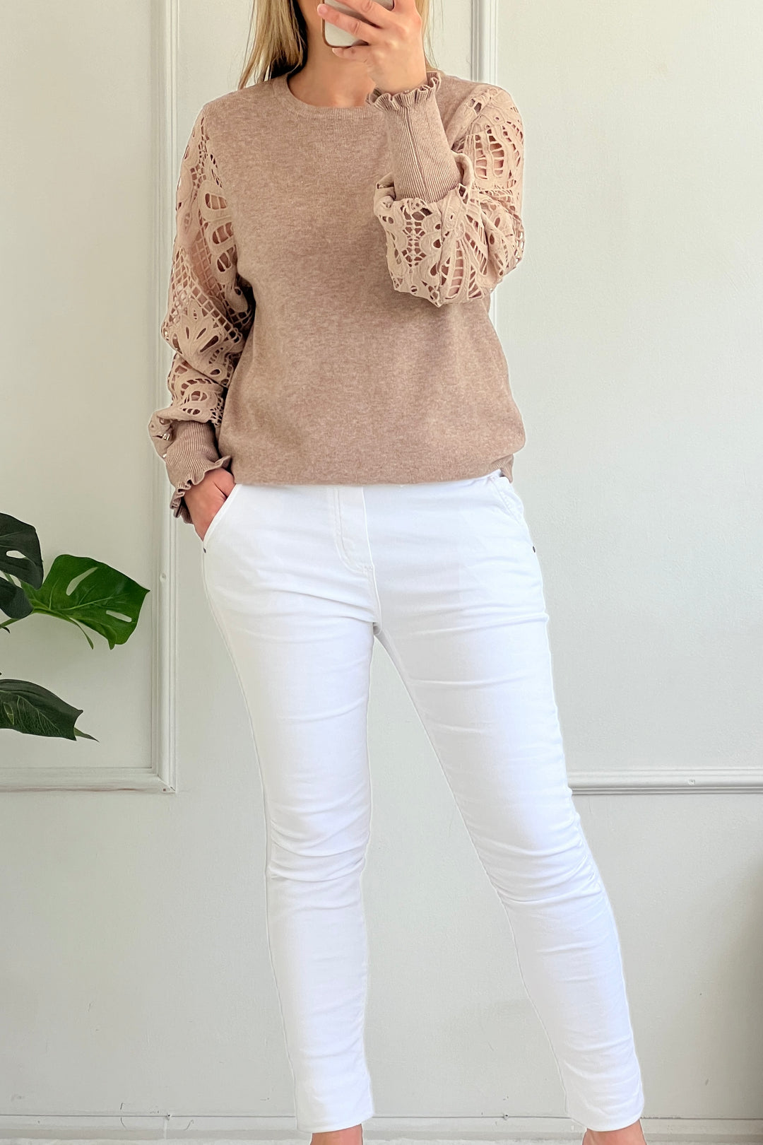 Molly Crochet Sleeve Jumper | Taupe