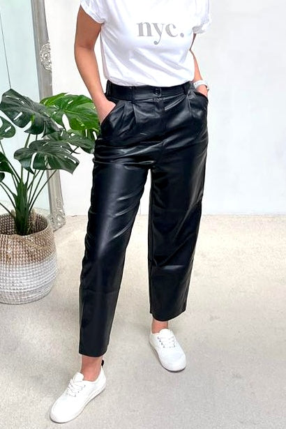 Olivia Leather Look Cropped Wide Leg Trousers | Black