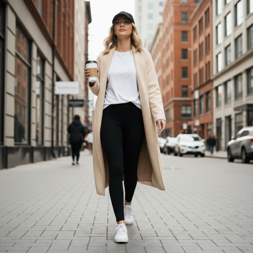 Woman walking on a city street holding a coffee cup wearing a cream coatigan coat shawl coat

