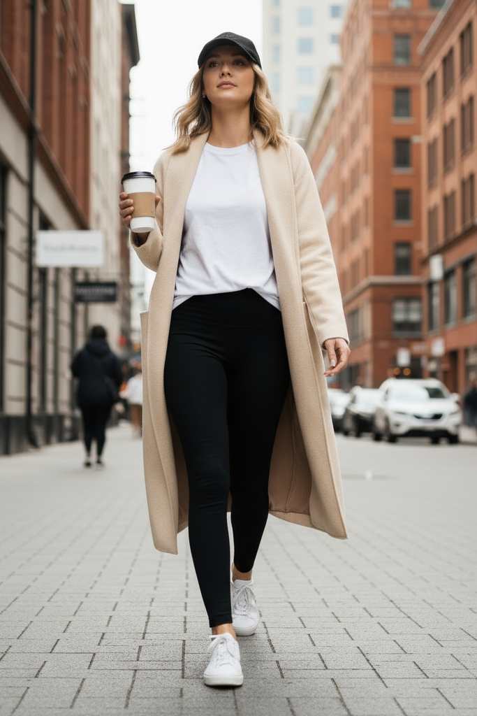 Woman walking on a city street holding a coffee cup wearing a cream coatigan coat shawl coat

