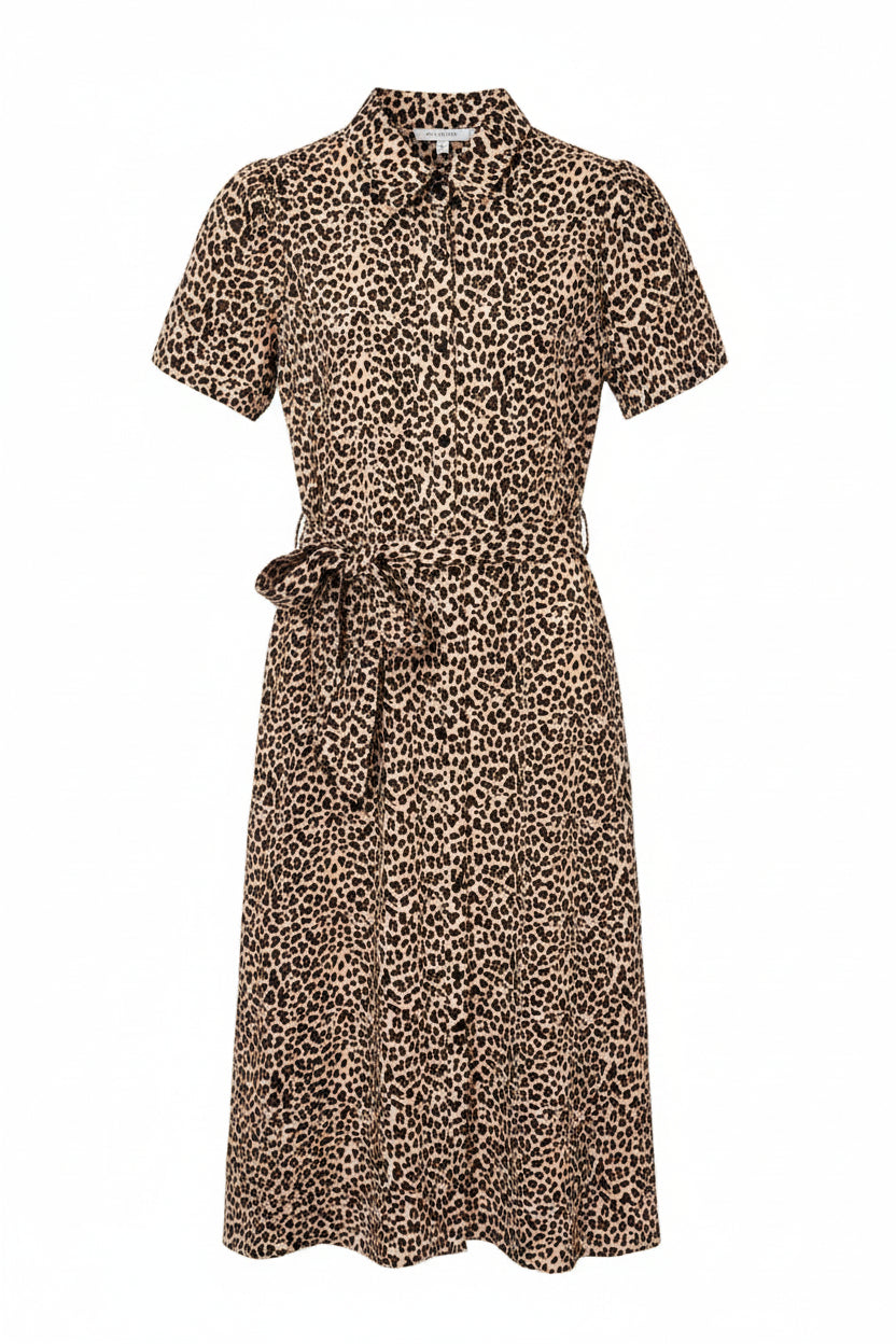 Leopard print dress on a hanger against a white background