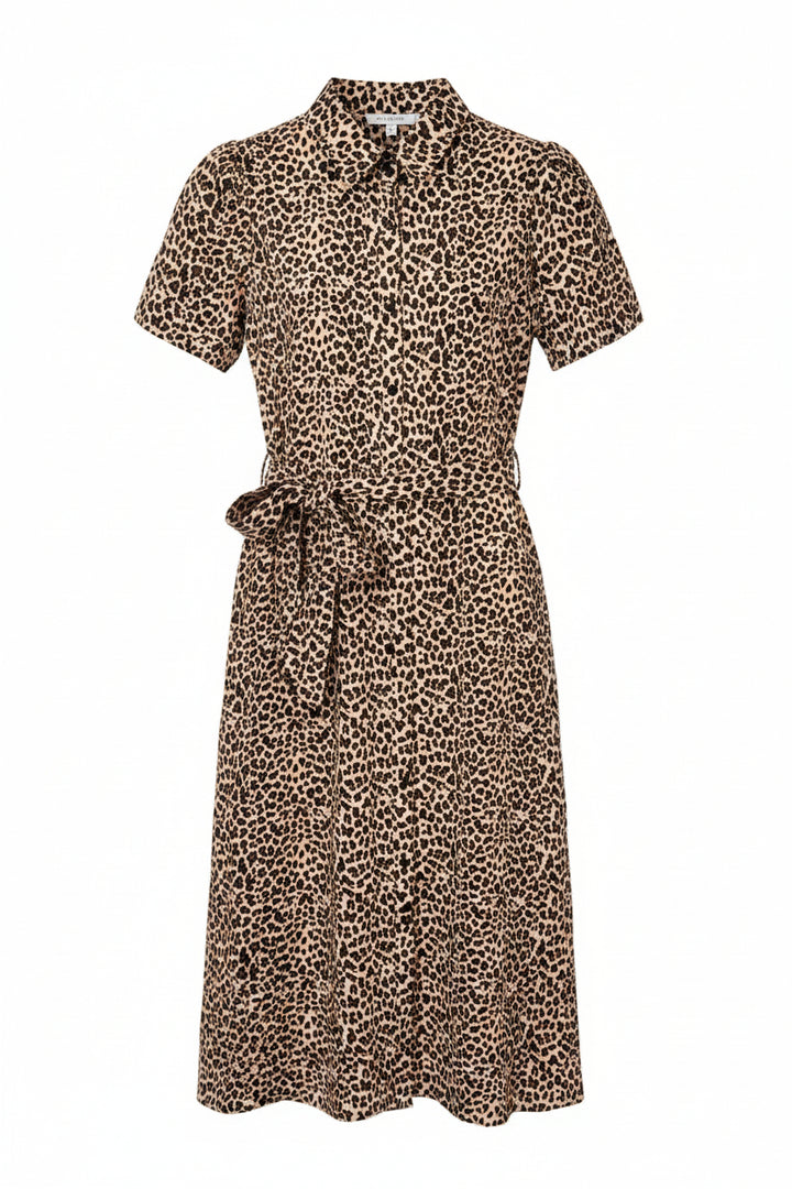 Leopard print dress on a hanger against a white background