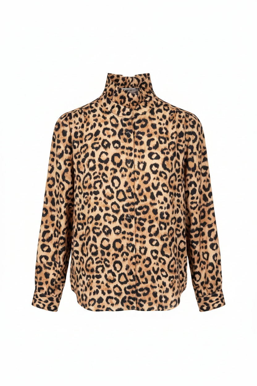 A long-sleeve button-up shirt with a high collar, featuring an all-over leopard print pattern in beige, brown, and black, shown against a plain white background.