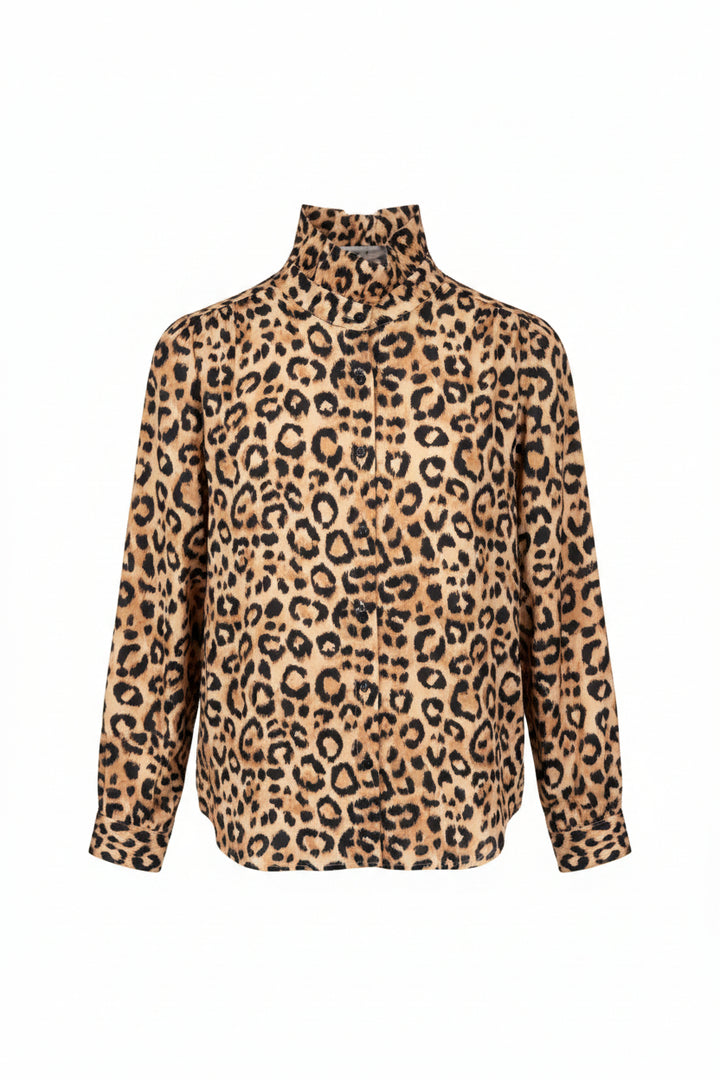 A long-sleeve button-up shirt with a high collar, featuring an all-over leopard print pattern in beige, brown, and black, shown against a plain white background.