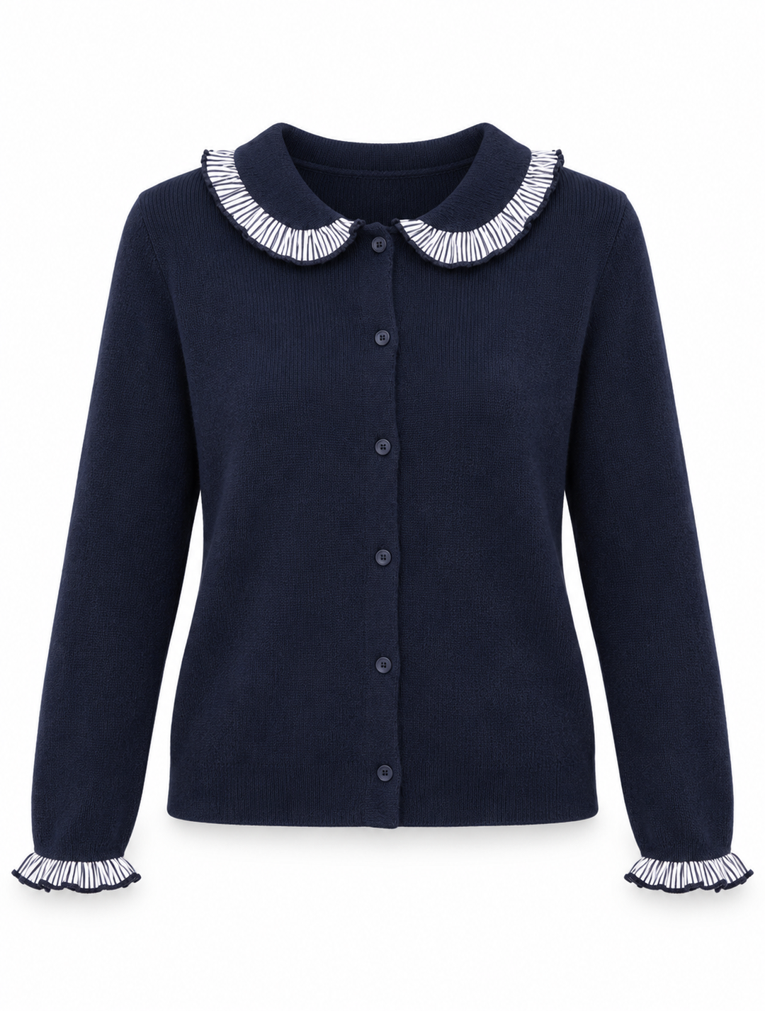 Maria Peter Pan Collar Cardigan | Stripe Frill Detail | Navy