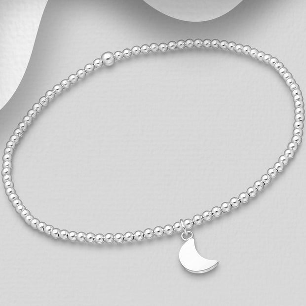 925 Silver Bead Bracelet | Mini Beads with Moon Charm