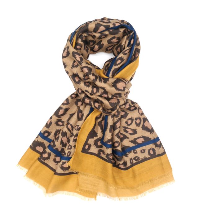 Leo Print Border Scarf | Mustard x Navy