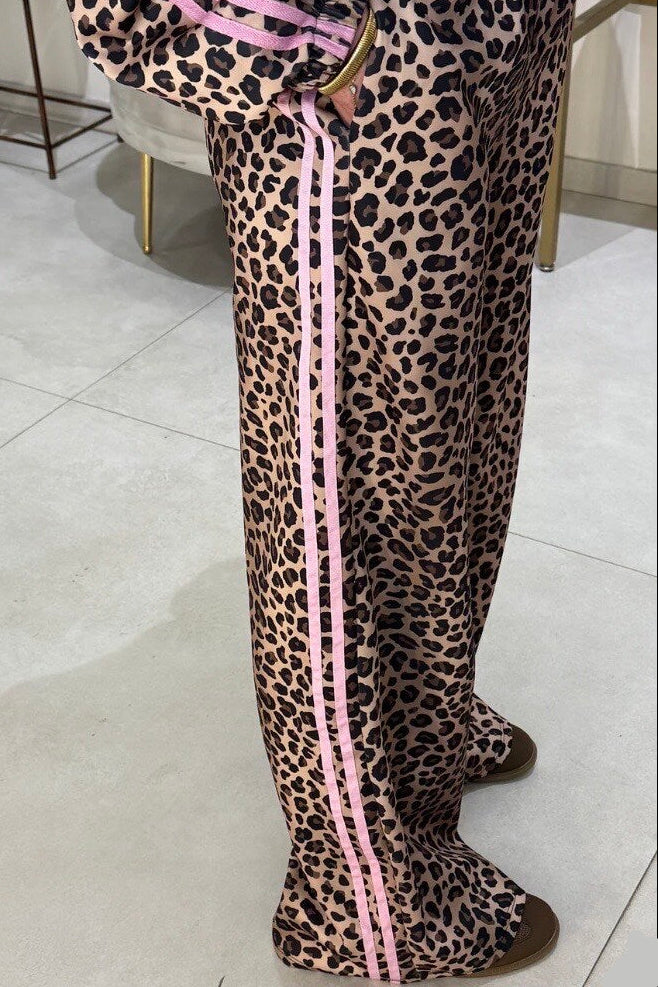 Sienna Leopard Print Side Stripe Wide Leg Joggers (Pink)