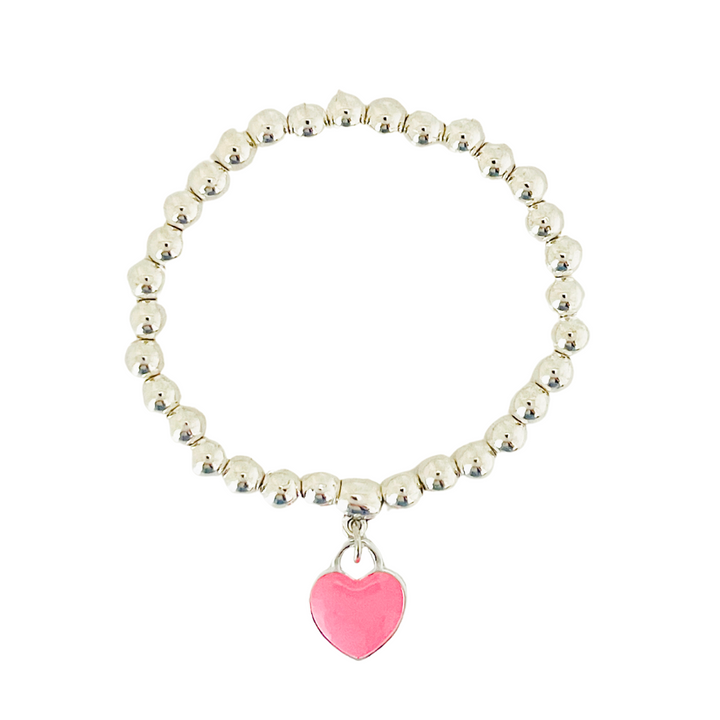 A pink heart charm bracelet with silver-colored beads and a pink heart pendant.