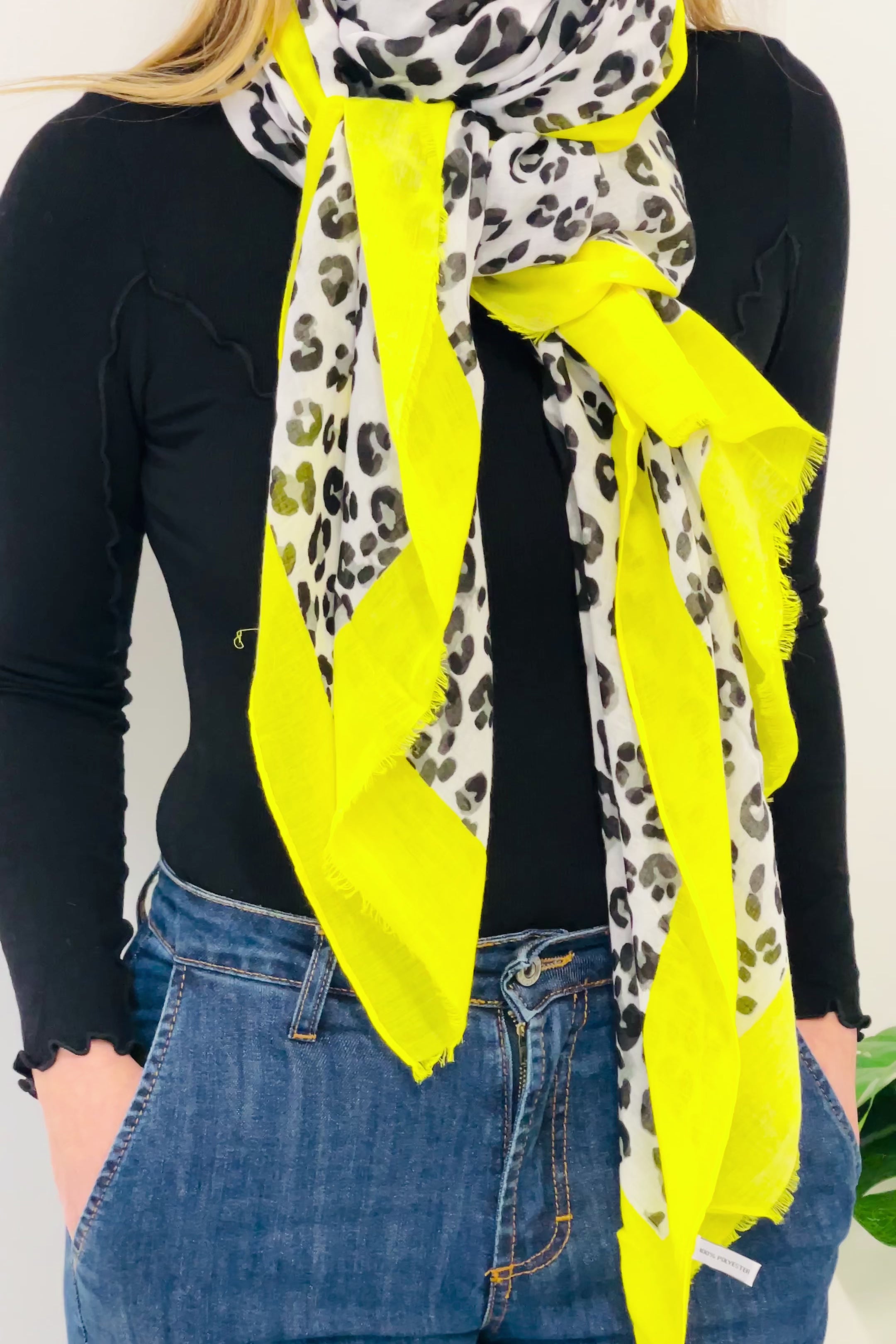 Leo Print Bright Border Scarf | Yellow