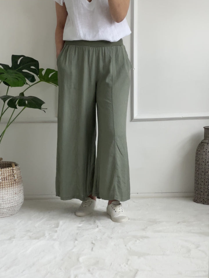 Billie Wide Leg Linen Trousers | Khaki