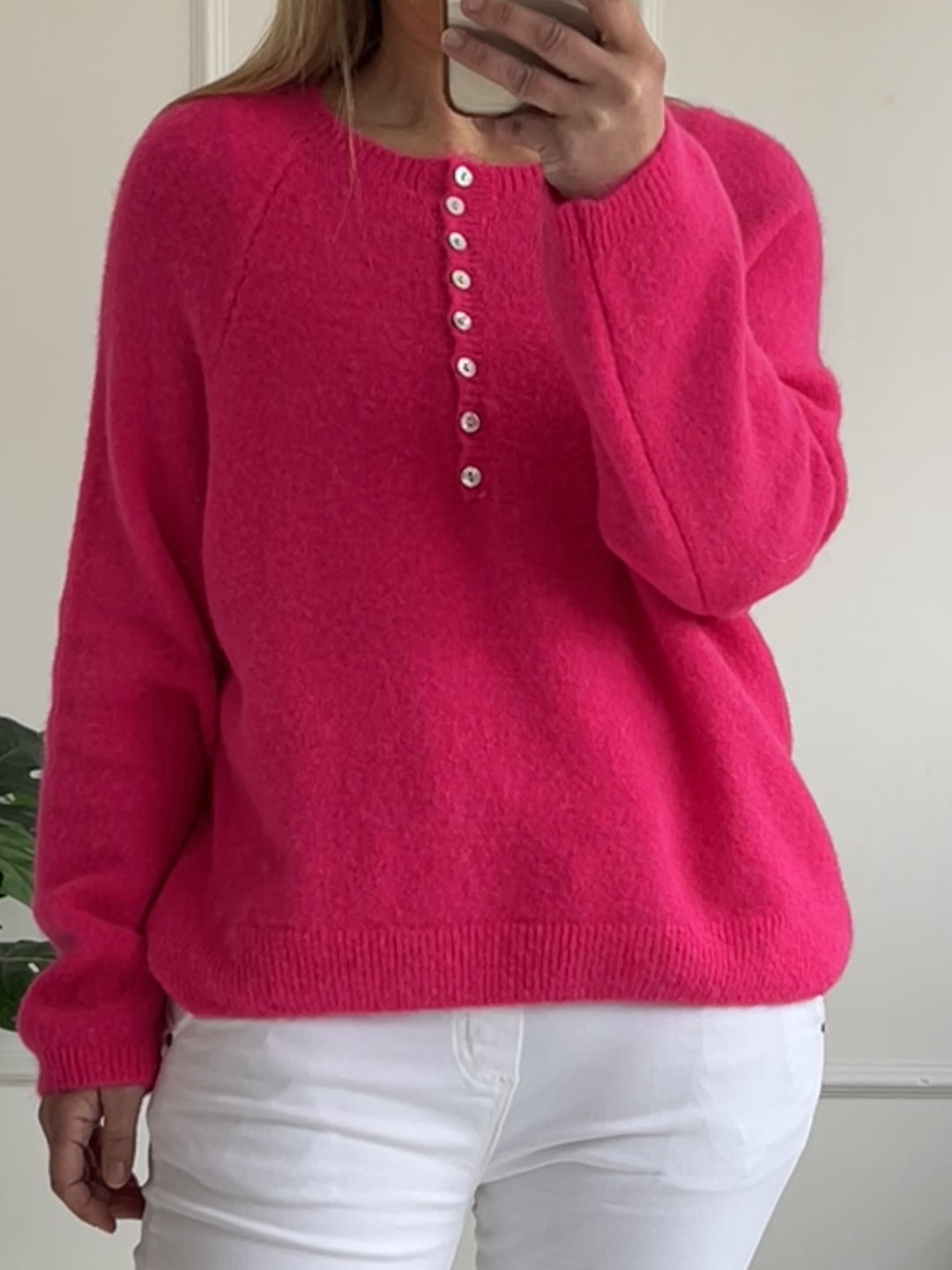 Lea Button Crew Knit Jumper | Hot Pink
