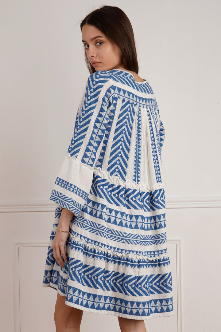 Ada Aztec Santorini Blue Short Embroidered Dress