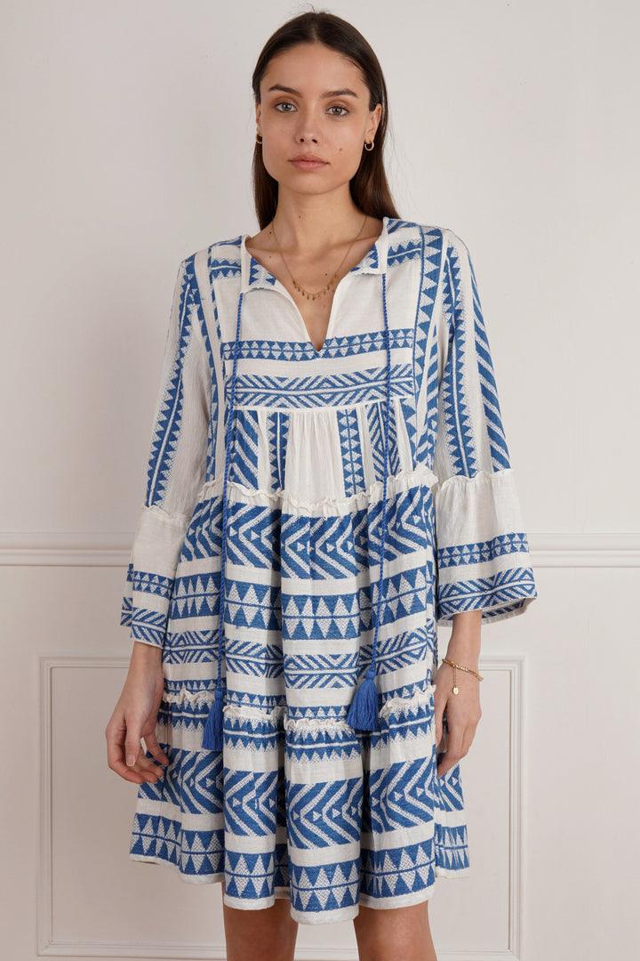 Ada Aztec Santorini Blue Short Embroidered Dress