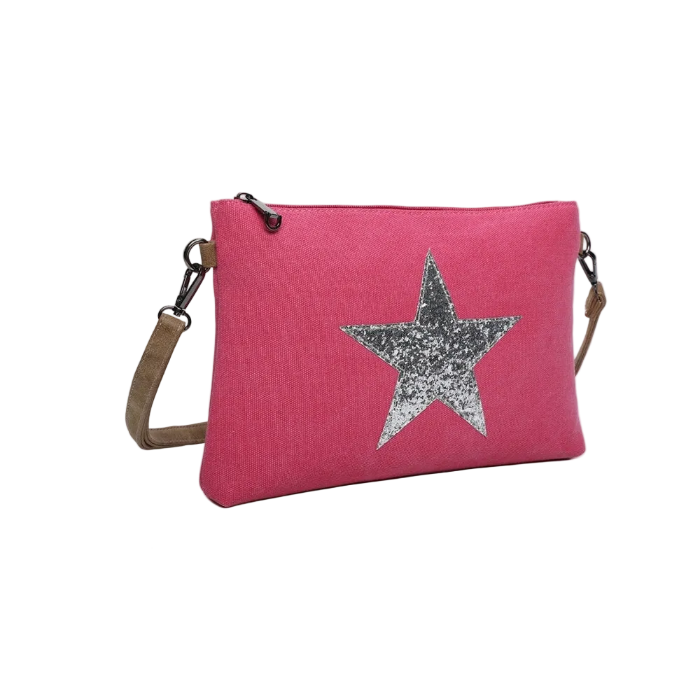 Pink crossbody bag with a silver star design, shown with measurements on a light gray background.