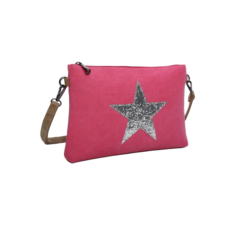 Pink crossbody bag with a silver star design, shown with measurements on a light gray background.