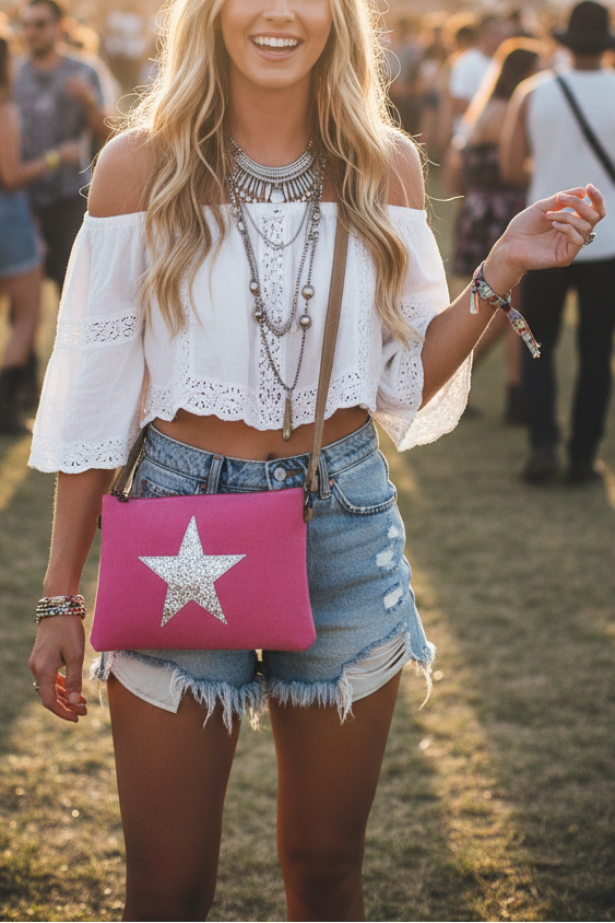 Woman at a music festival wearing a white top and denim shorts, holding a pink clutch with a star design.