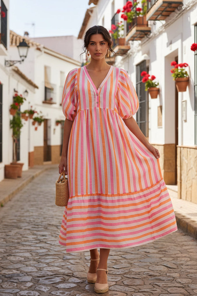 Mannequin wearing a pink and orange striped dress on a white background