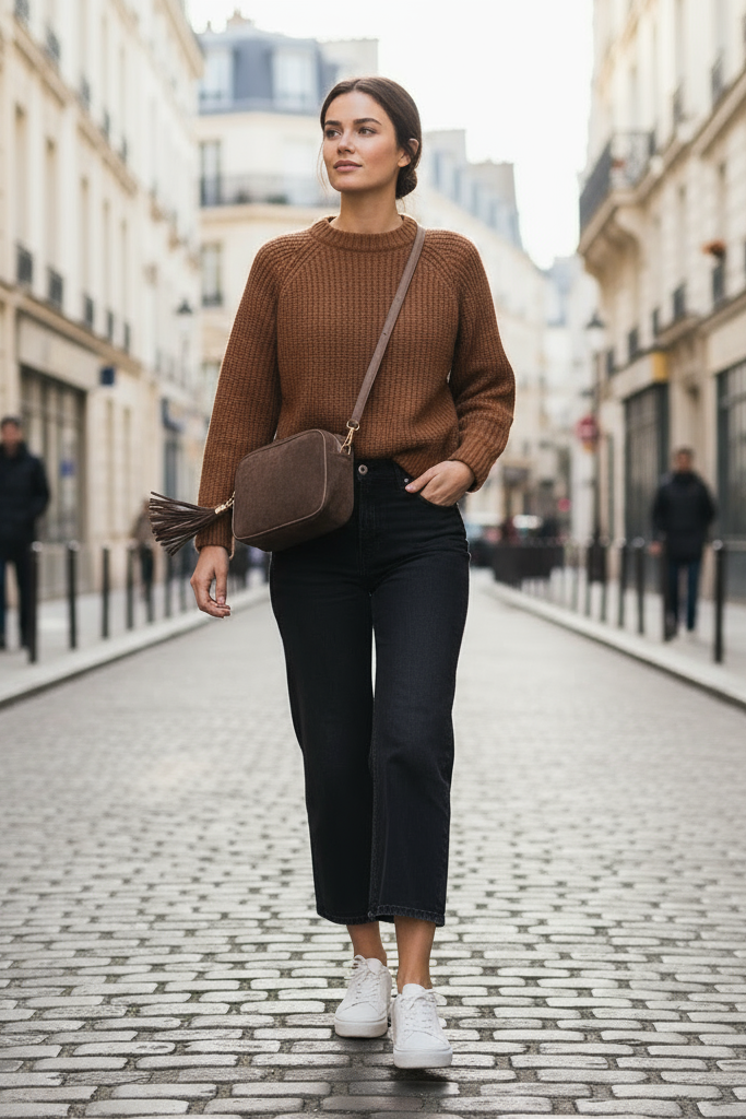 Woman walking down a city street wearing a brown sweater and black pants.