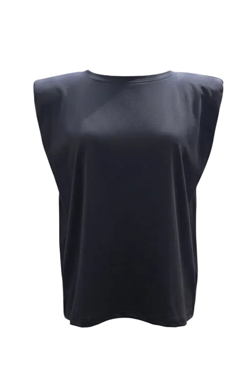 A sleeveless black top displayed on a white mannequin with articulated wooden arms against a light gray background.
